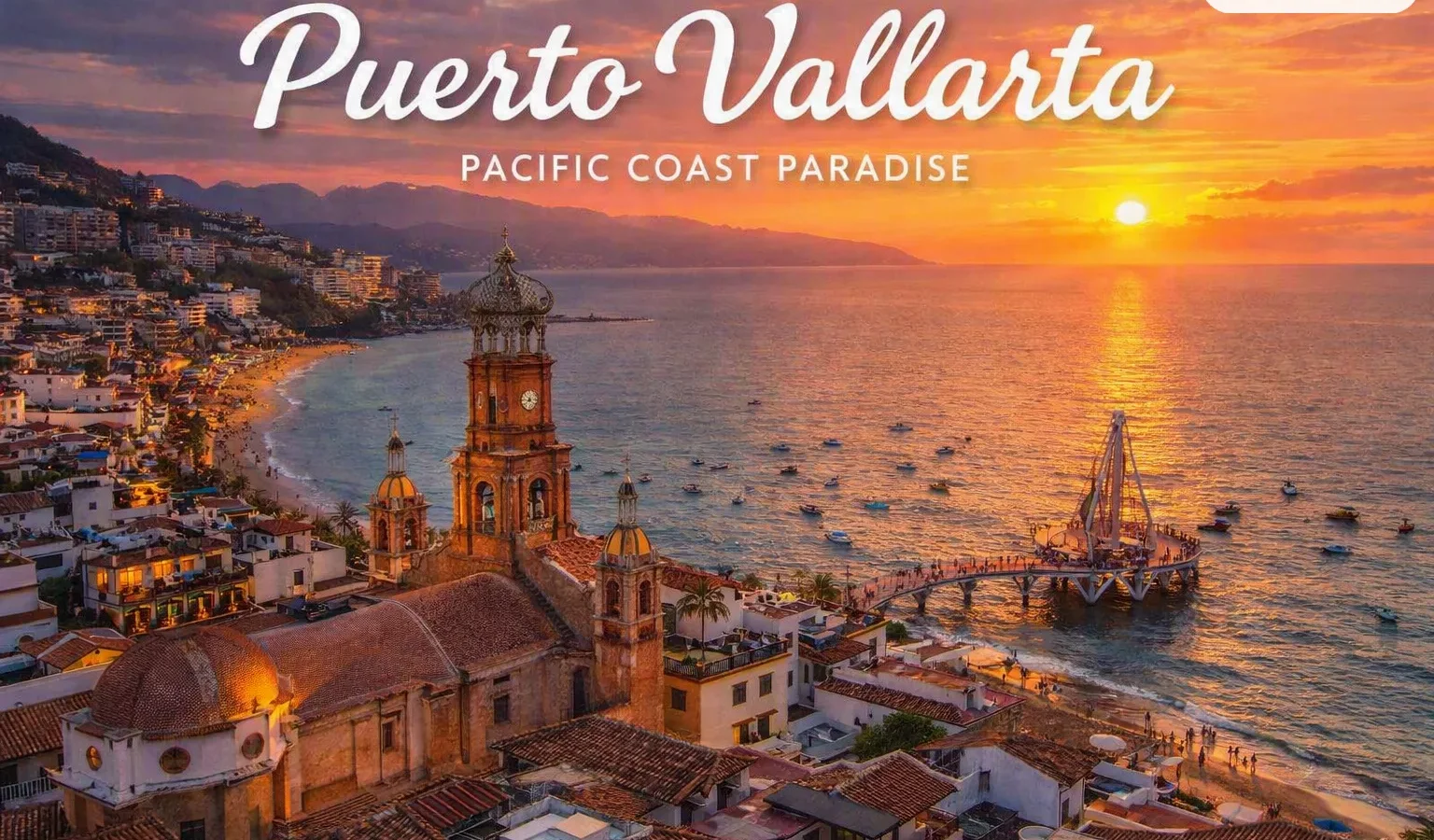 Aerial view of Puerto Vallarta at sunset: the crowned bell tower of the Church of Our Lady of Guadalupe above the old town rooftops, Banderas Bay and the Los Muertos pier to the right, with the hills of the Sierra Madre behind.