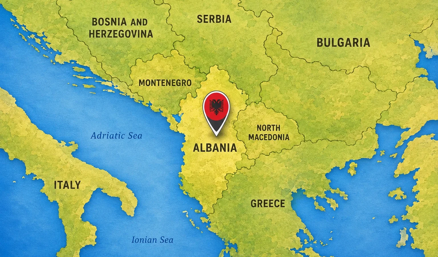 Regional map of southeastern Europe with Albania marked, labelled with the neighbouring countries: Montenegro and Kosovo to the north, North Macedonia to the east, Greece to the south, and the Adriatic and Ionian seas to the west.