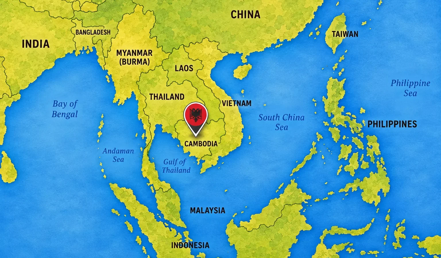 A map showing INdia along the Bay of Bengal, Bengladesh, Myanmar, Laos, Thailand, Vietnam, Cambodia, Malaysia, Phillipines, China and Taiwan