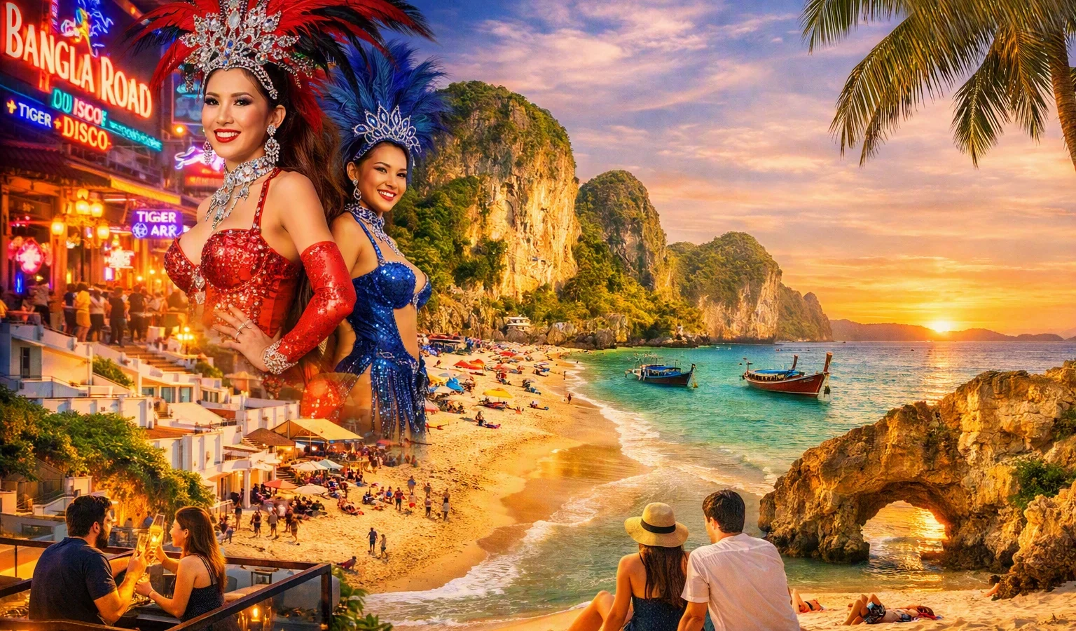 the vibrant Bangla Road nightlife on the left — neon lights, sequined costumes, and rooftop energy — to the sun‑kissed beaches and fire dancers at sunset on the right. The composition captures Phuket’s dual spirit: electric nights and tranquil days