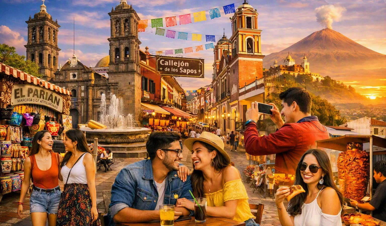 Collage header for Puebla, Mexico: the Puebla Cathedral and the Parián market, street scenes from the Callejon de los Sapos, cafe tables, and a taco stand at sunset with Popocatepetl behind.