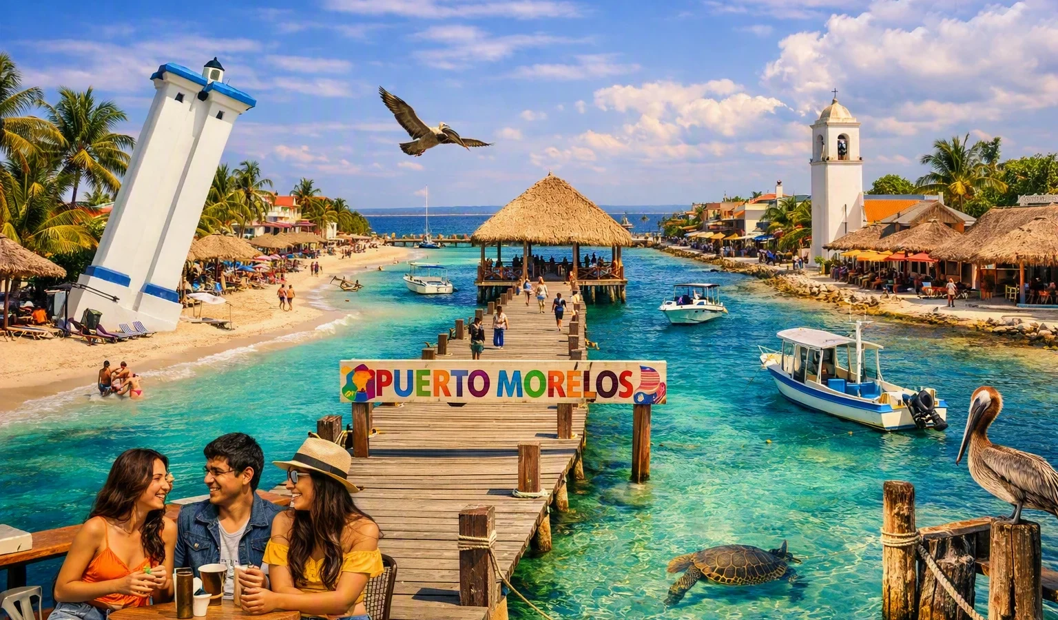 A collage image capturing leaning lighthouse, wooden pier with the “Puerto Morelos” sign, and turquoise waters dotted with boats and pelicans, all framed by palm‑lined beaches and colorful seaside buildings. The composition radiates calm, local authenticity, and tropical warmth