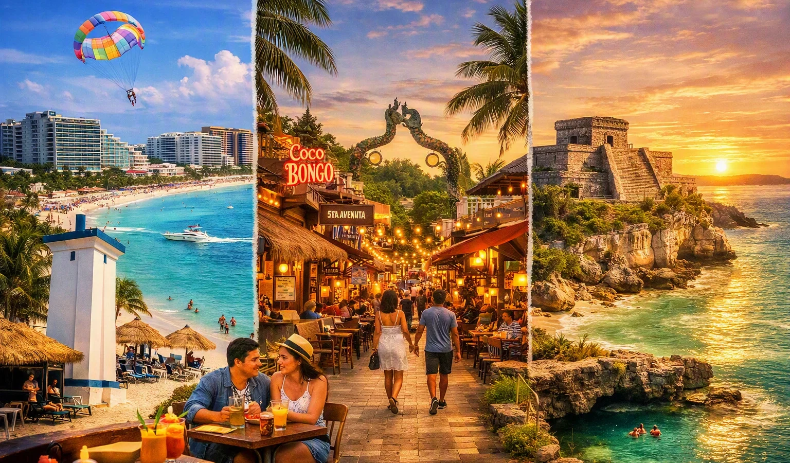 Quintana Roo collage showing Cancún’s beachfront with parasailers, Playa del Carmen’s nightlife on 5th Avenue, and Tulum’s Mayan ruins overlooking the Caribbean at sunset