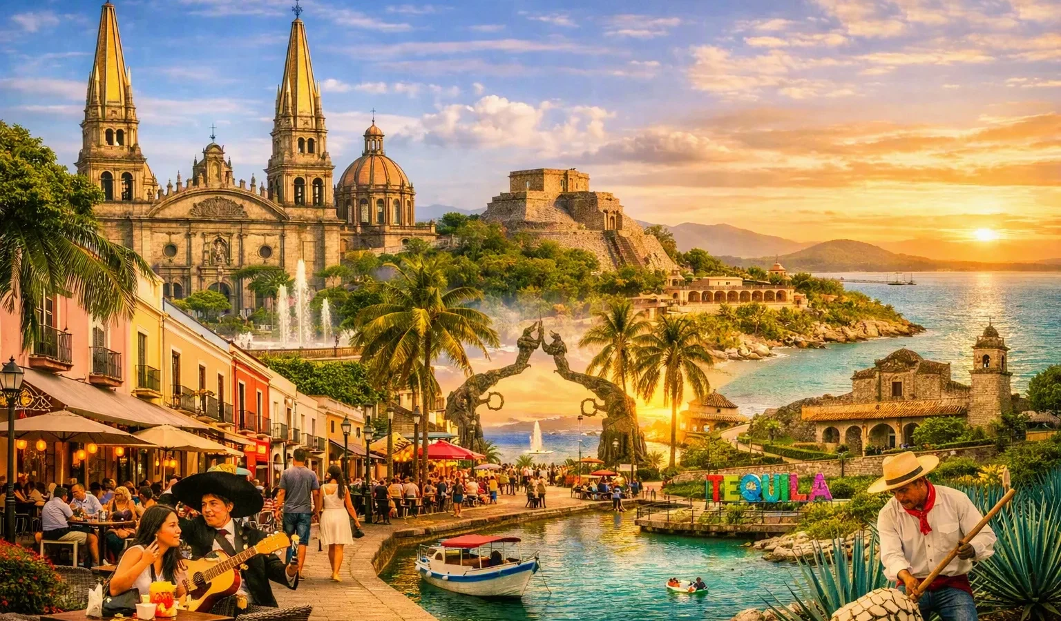 Jalisco collage: the twin spires of Guadalajara Cathedral above a cafe-lined street with a mariachi duo, a hilltop pyramid and the Puerto Vallarta seafront arches at sunset, a lakeside promenade with boats, and a jimador harvesting blue agave beside a Tequila sign.