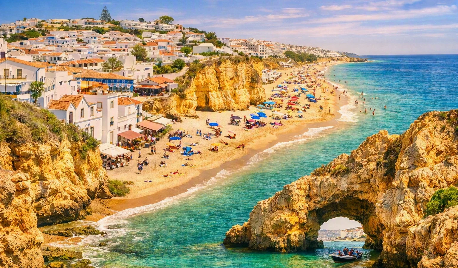 Panoramic view of Algarve, Portugal showing whitewashed coastal town, golden cliffs, sandy beach with colorful umbrellas, and turquoise Atlantic waters under a sunny sky