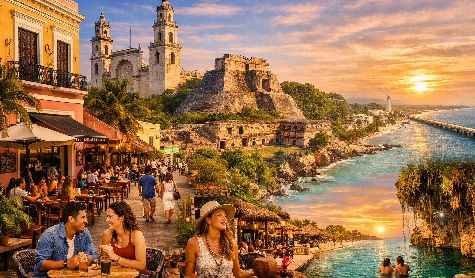 Yucatán collage featuring Mérida’s colonial streets, Uxmal’s Mayan ruins, and coastal views with cenotes and turquoise waters at sunset