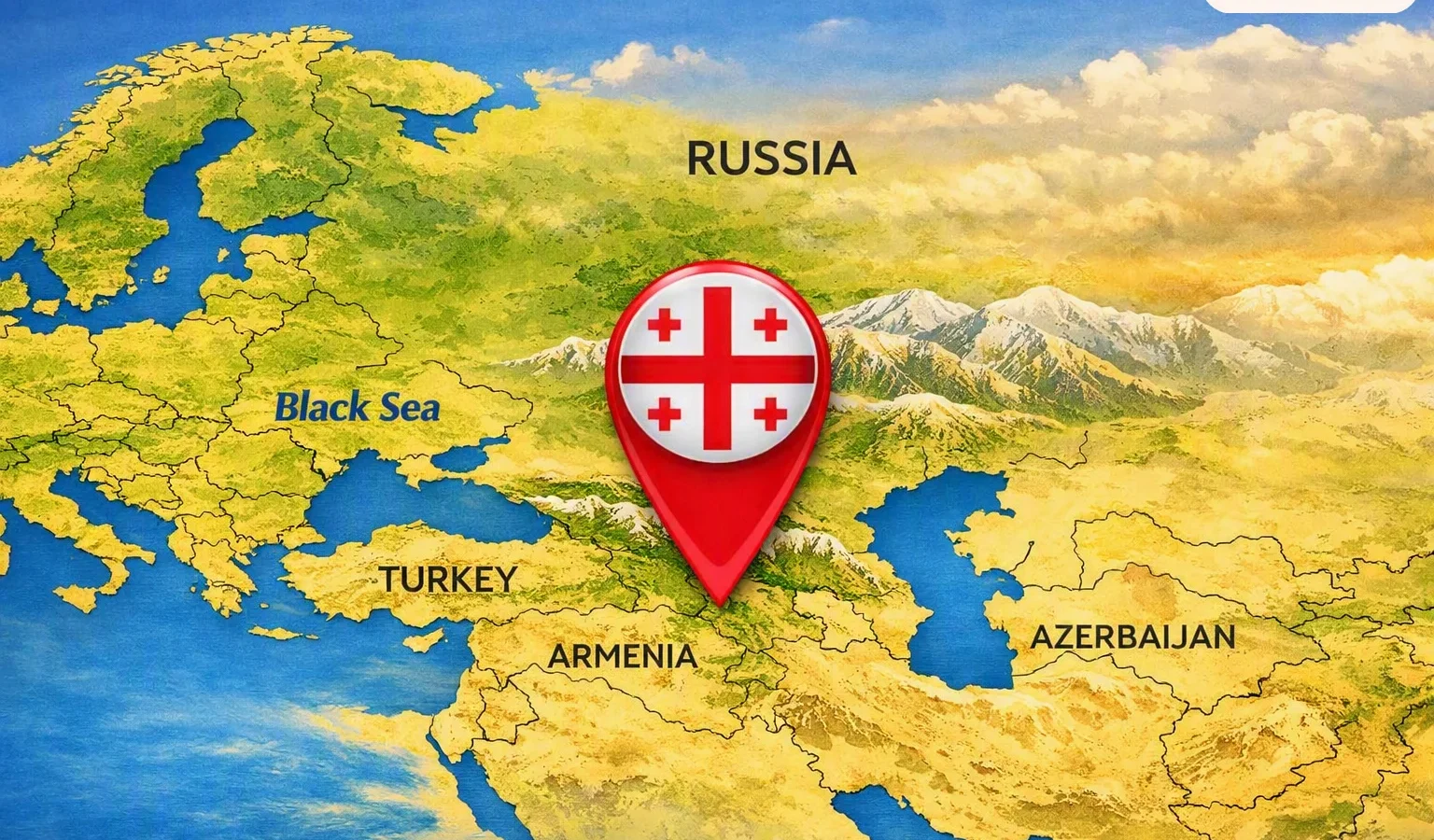 Regional map with Georgia marked, labelled with the neighbouring countries: Russia to the north, Turkey and Armenia to the south, Azerbaijan to the east, and the Black Sea to the west.